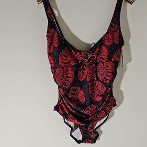 Elegant Red Leaf Print One-Piece Swimsuit